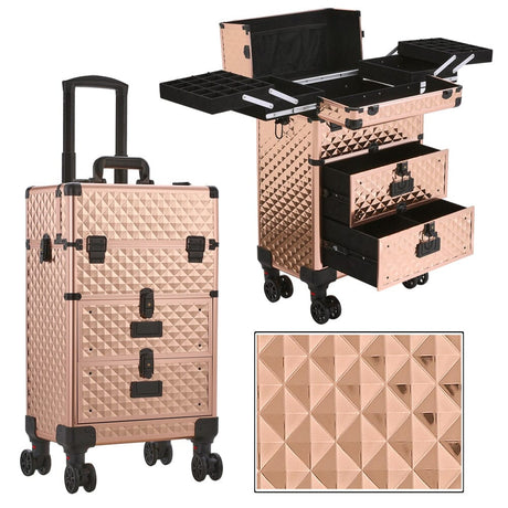 3 in 1 Large Rose Gold Cosmetic Trolley Case on Wheels with 2 Drawers Makeup Organizers Living and Home 