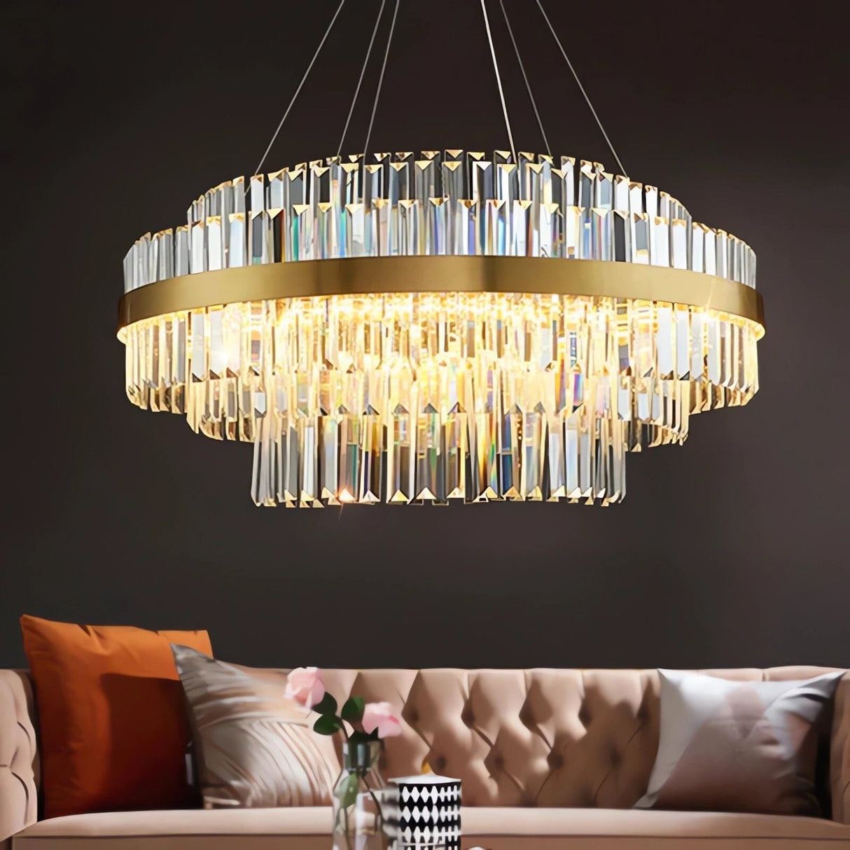 Lightsin Brass Ring Multi-Tiered Crystal LED Pendant Light Lightsin 