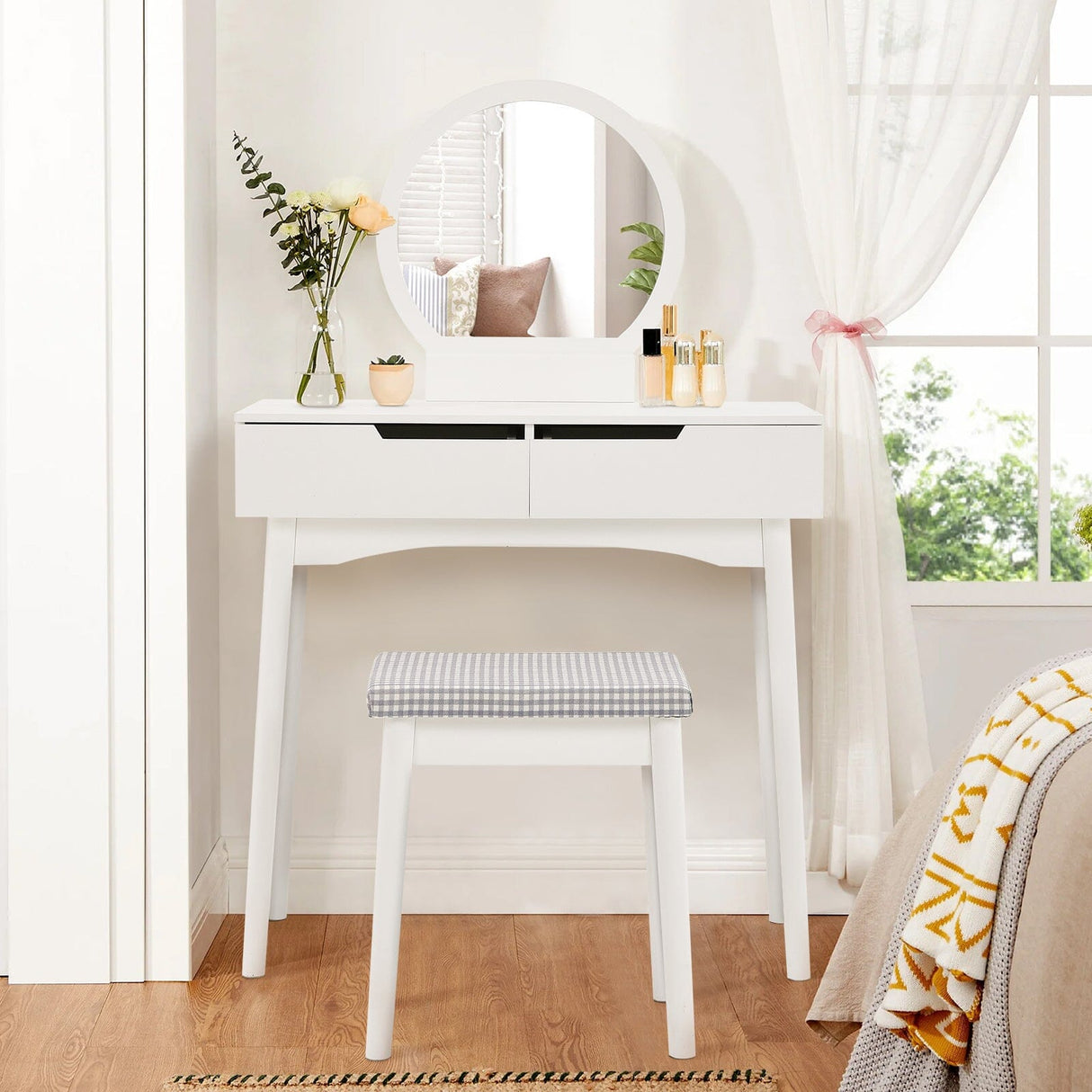 Luxurious White Vanity Table with Drawer Storage, Checkered Stool, and Round Mirror Living and Home 