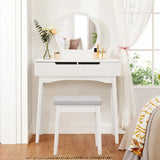 Luxurious White Vanity Table with Drawer Storage, Checkered Stool, and Round Mirror Living and Home 