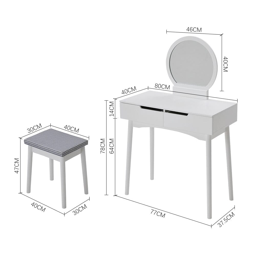 Luxurious White Vanity Table with Drawer Storage, Checkered Stool, and Round Mirror Living and Home 