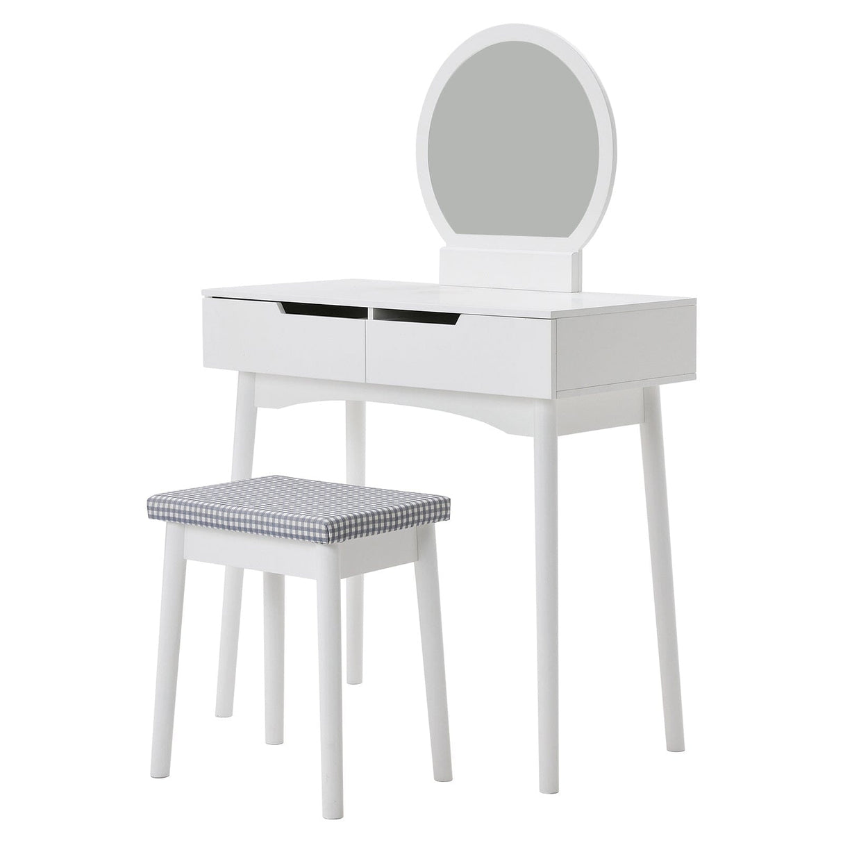 Luxurious White Vanity Table with Drawer Storage, Checkered Stool, and Round Mirror Living and Home 