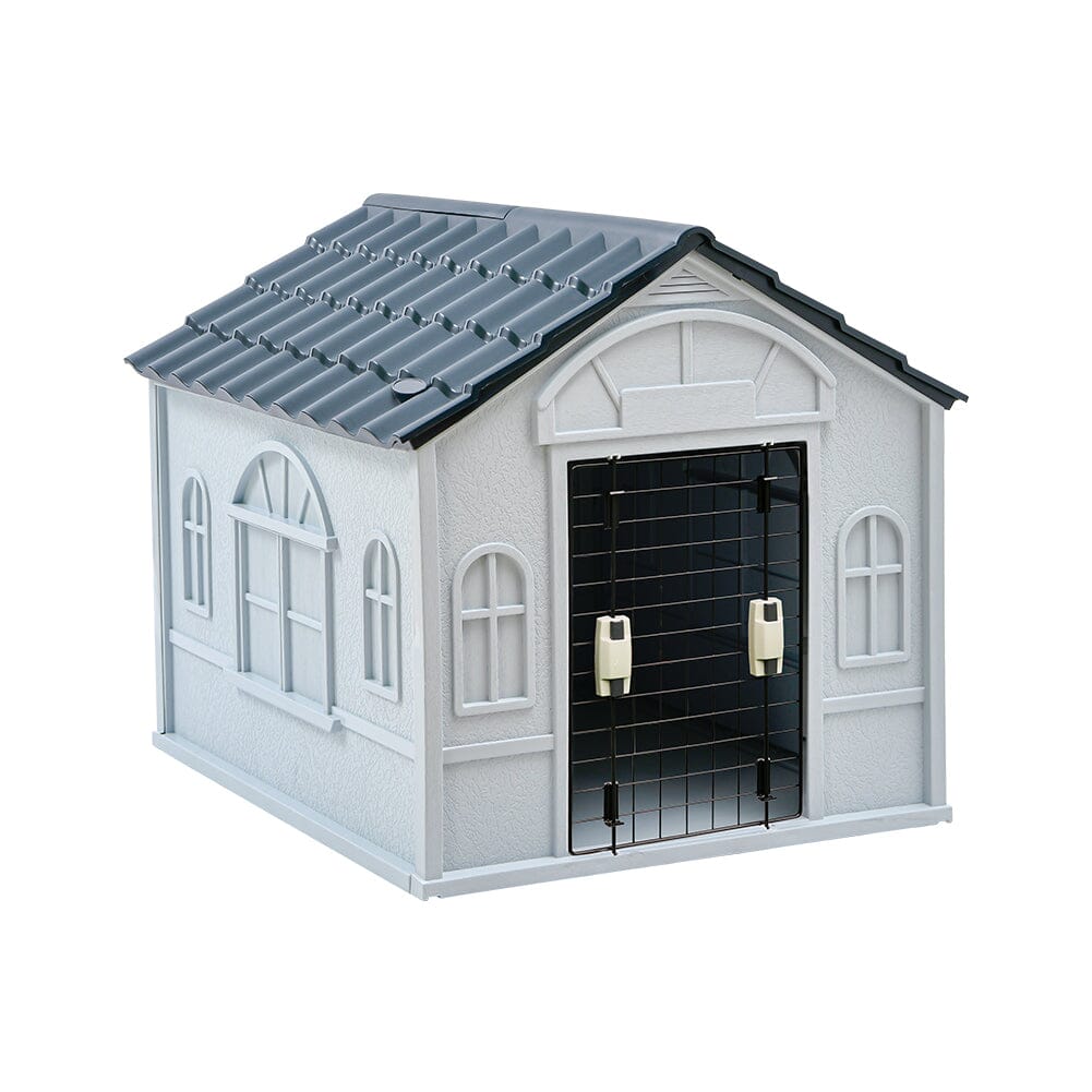 65cm W Grey Plastic Dog House Kennel with Steel Door Dog Houses Living and Home 