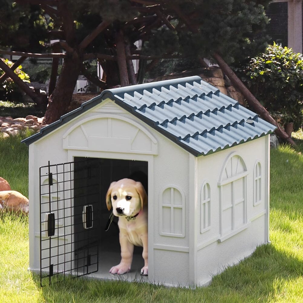 65cm W Grey Plastic Dog House Kennel with Steel Door Dog Houses Living and Home 