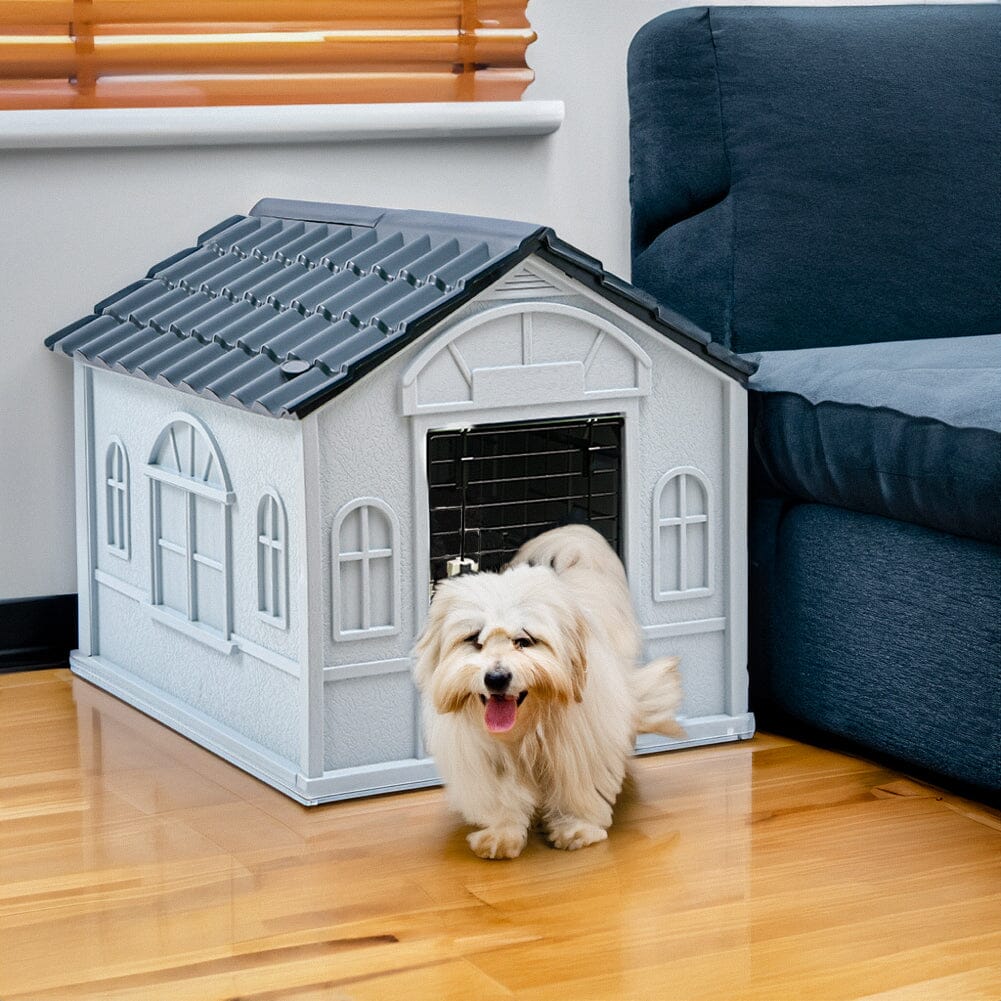 65cm W Grey Plastic Dog House Kennel with Steel Door Dog Houses Living and Home 