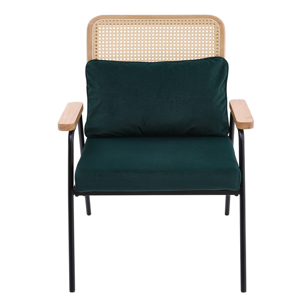 Green Upholstered Rattan Back Armchair with Metal Legs Lounge Chairs Living and Home 