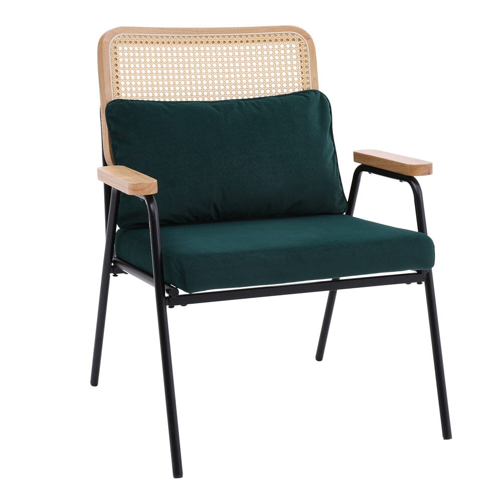 Green Upholstered Rattan Back Armchair with Metal Legs Lounge Chairs Living and Home 