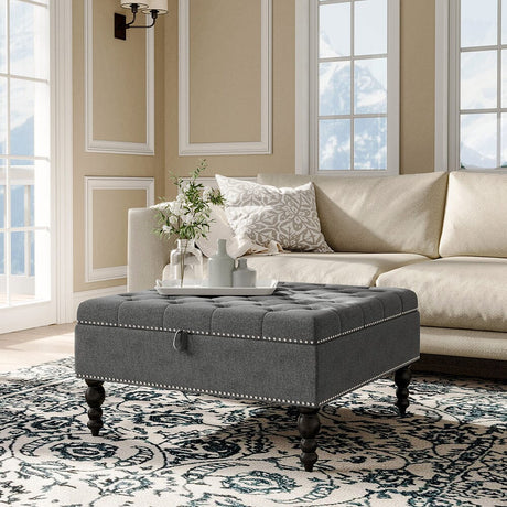 Square Linen Tufted Upholstered Ottoman with Storage Storage Footstools & Benches Living and Home 