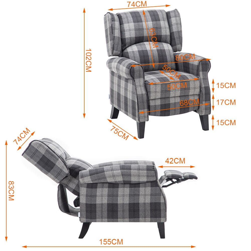 Tartan Upholstered Push Back Recliner Armchair Recliners Living and Home 