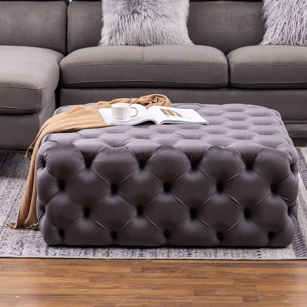 100cm Wide Grey Square Velvet Tufted Cocktail Footstool Footstools Living and Home 