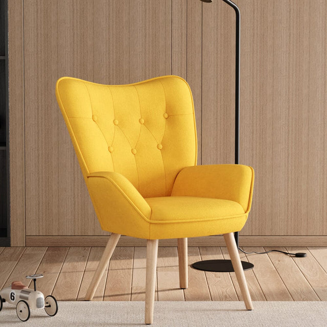 Multicolor Linen Upholstered Accent Chair with Wood Legs Wingback Chairs Living and Home Yellow 