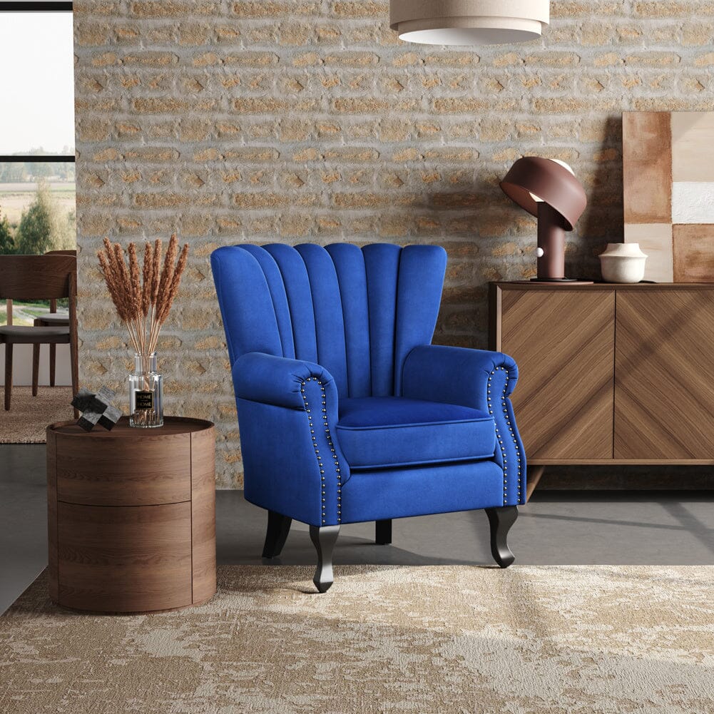 Velvet Upholstered Wingback Chair Thick Padded Armchair Green/Blue Wingback Chairs-AWIN Living and Home Blue 