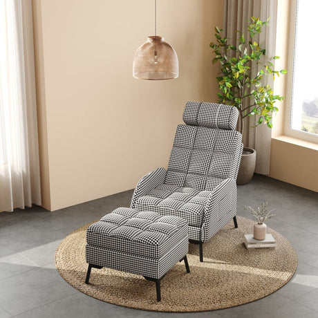 128.5cm 180-Degree Folding Houndstooth Recliner Chair Sleeping Sofa Chair with Footstool Recliners Living and Home 