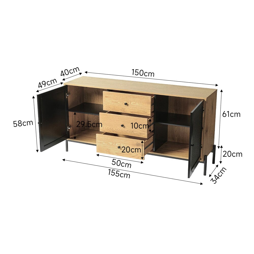 155cm W Natural Solid Large Sideboard Rattan Cabinet with Drawers Cabinets Living and Home 