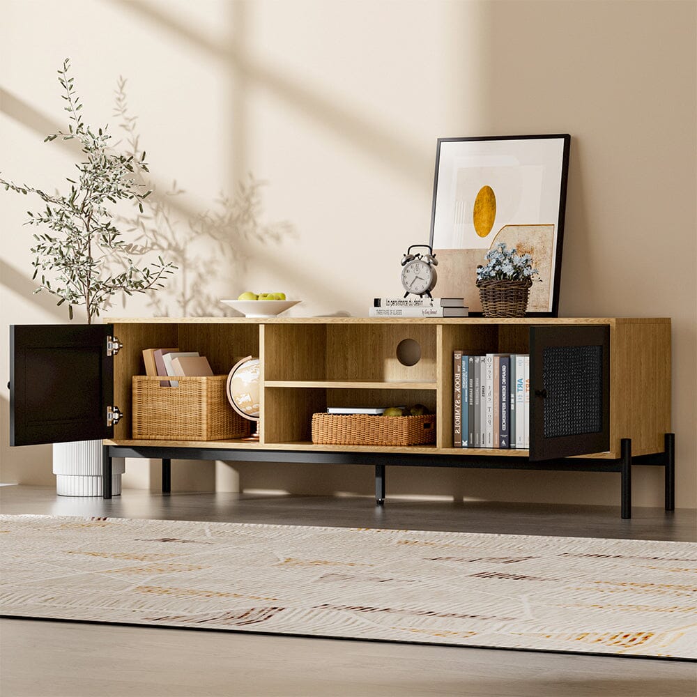 155cm W Rattan Wood TV Stand with Storage Cabinet TV Stands Living and Home 