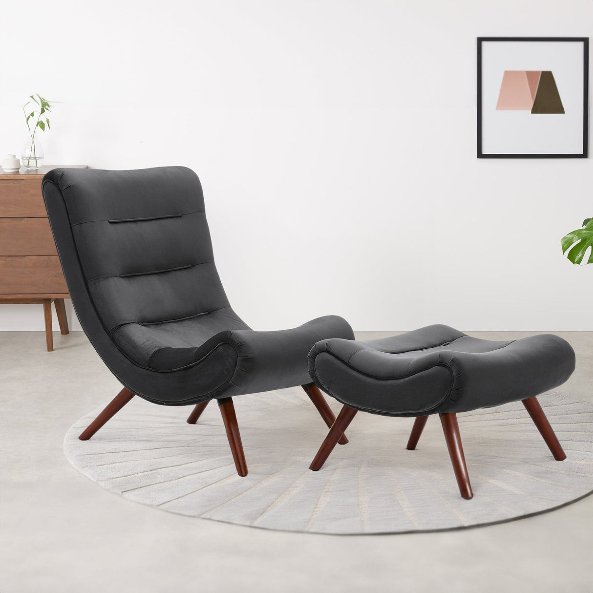 Black Modern Curved Velvet Lounge Chair with Footstool Lounge Chairs Living and Home 