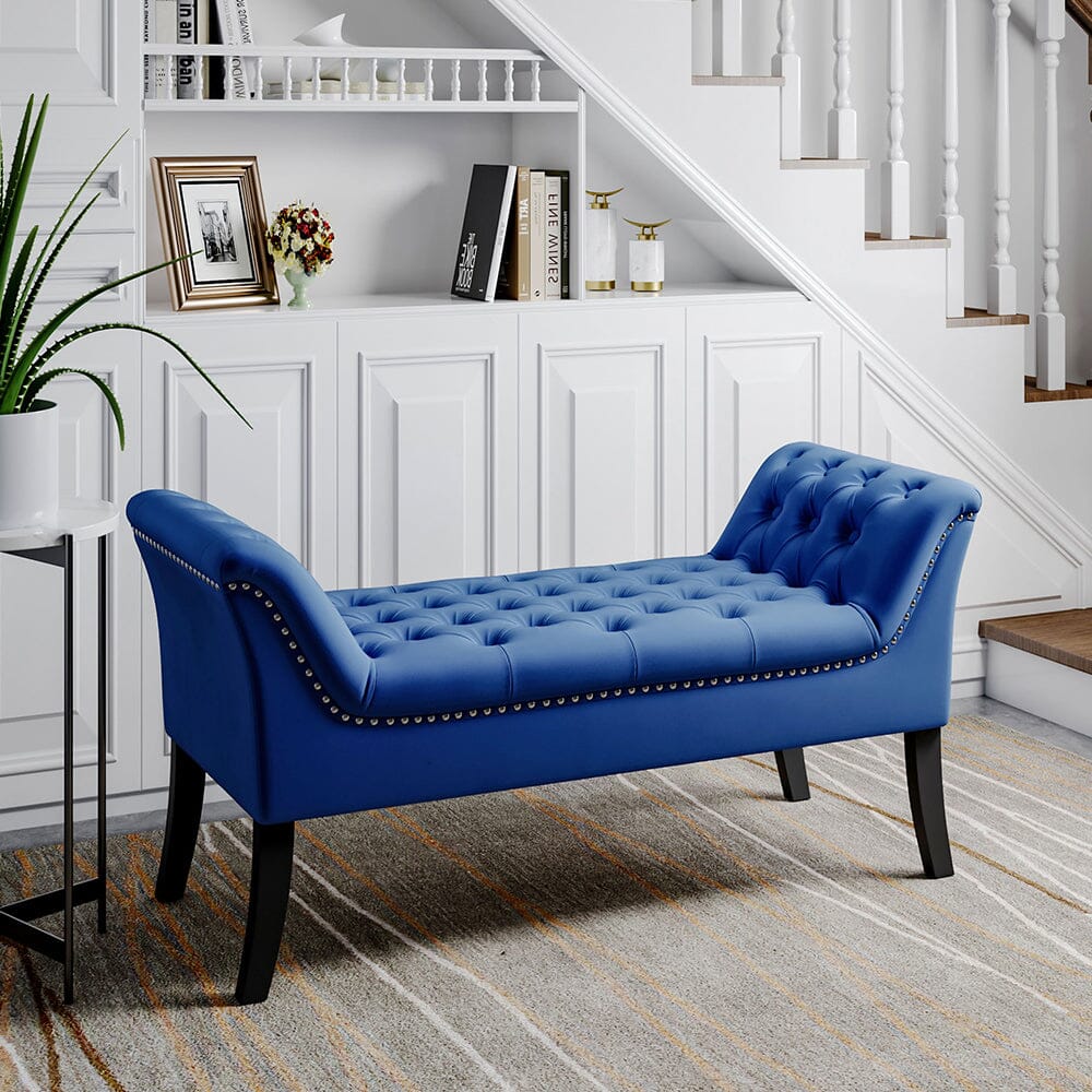 Contemporary Velvet Buttoned Bench with Black Wood Legs Footstools Living and Home 