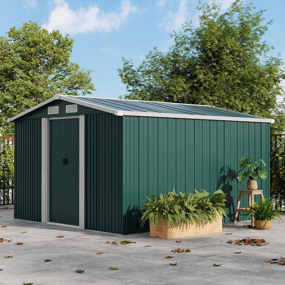 Waterproof 6x8/8x8/10x8ft Metal Shed with Gable Roof Charcoal/Green Garden Sheds Living and Home 