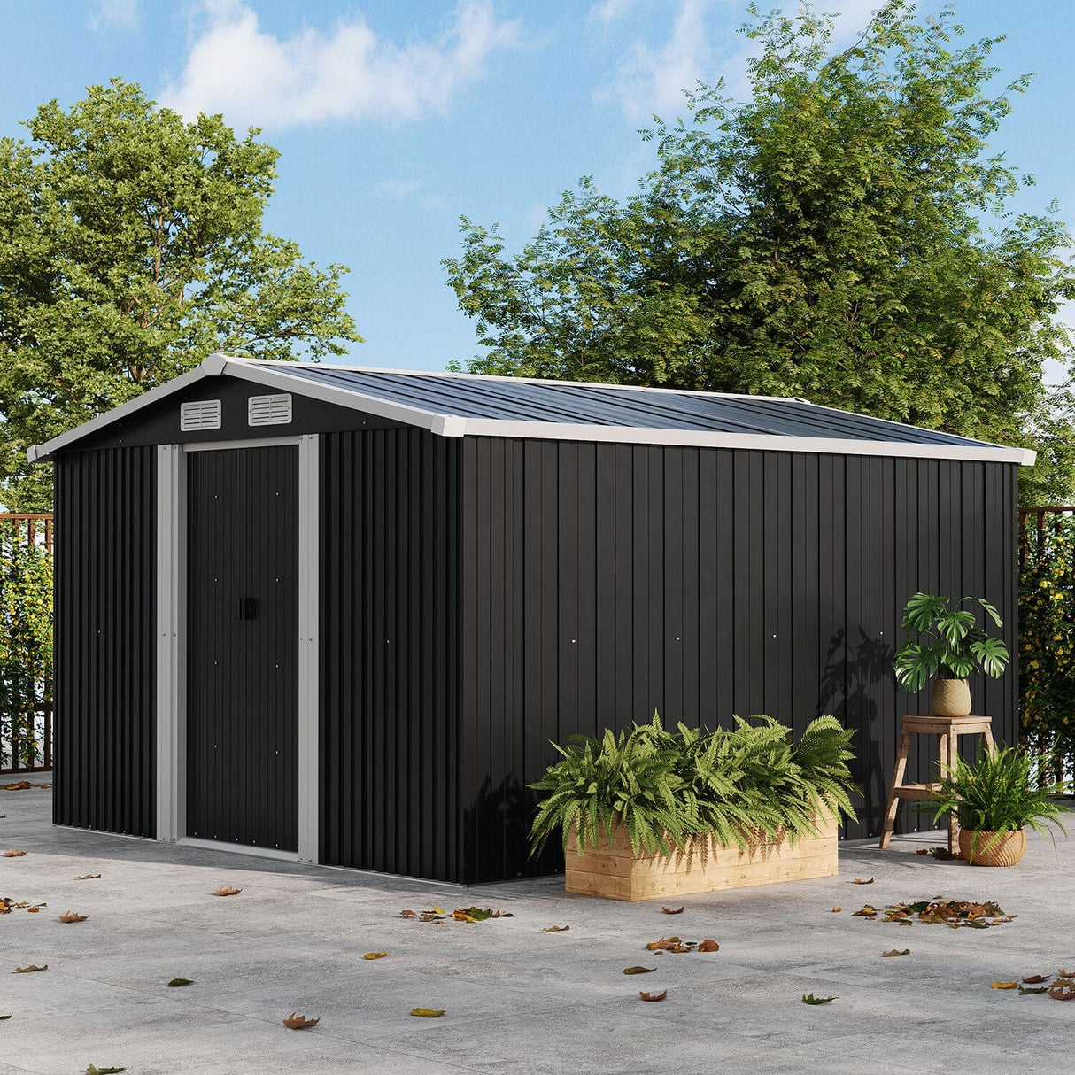 Waterproof 6x8/8x8/10x8ft Metal Shed with Gable Roof Charcoal/Green Garden Sheds Living and Home 