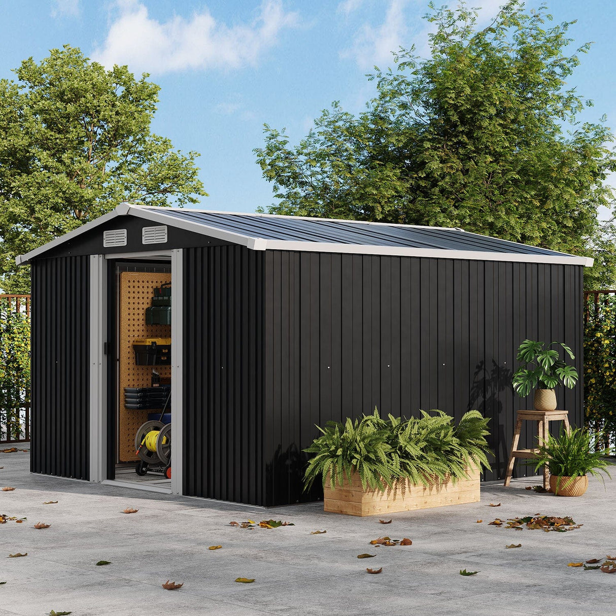 Waterproof 6x8/8x8/10x8ft Metal Shed with Gable Roof Charcoal/Green Garden Sheds Living and Home 