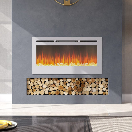 Linear Electric Fireplace Recessed in White Living and Home 