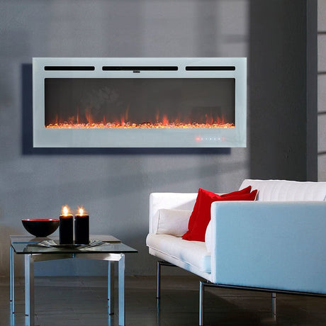 Linear Electric Fireplace Recessed in White Living and Home 