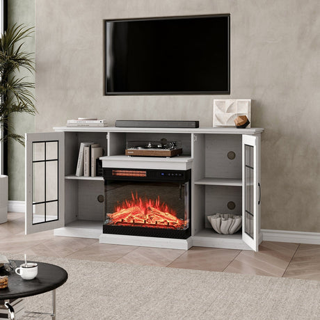 Smallbee 3-Sided Fireplace TV Stand Wood With Glass Door Storage Smallbee UK White Fireplace Only 