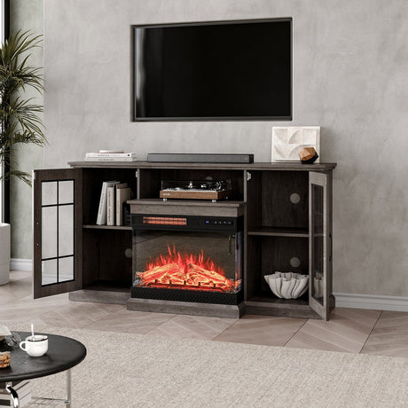 Smallbee 3-Sided Fireplace TV Stand Wood With Glass Door Storage Smallbee UK Grey Fireplace Only 