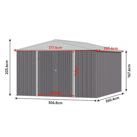 10.5 x 6.7ft Outdoor Garden Metal Storage Shed with Lockable Double Doors Garden Sheds Living and Home 317.6cm W x 265.6cm D x 203.6cm H 