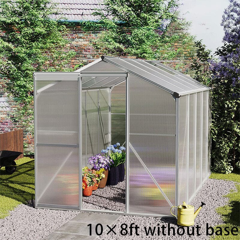 4x6ft/ 6x6ft/ 8x6ft/ 10x8ft Silver Aluminum Framed Greenhouse with Vent Greenhouses Living and Home 10' x 8' ft Without base frame 