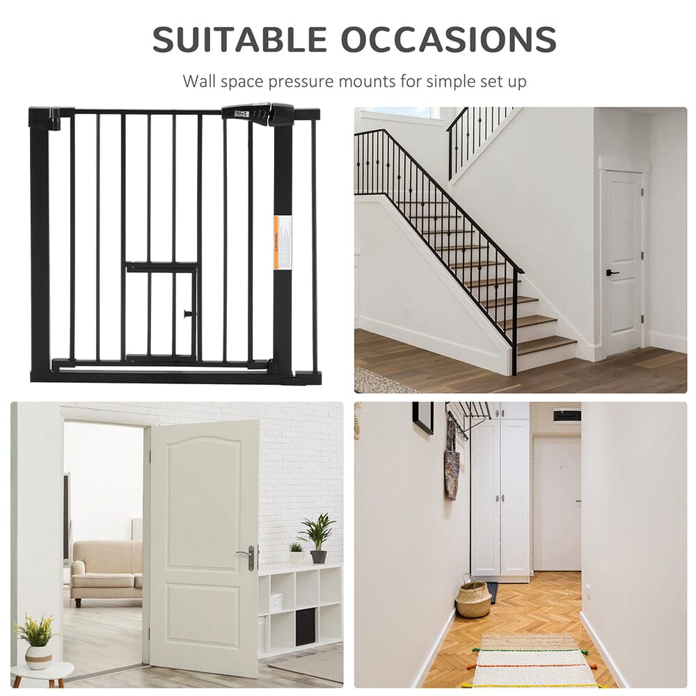 Pet Safety Gate Stair Pressure Fit with Lockable Cat Flap Pet Gates Living and Home 