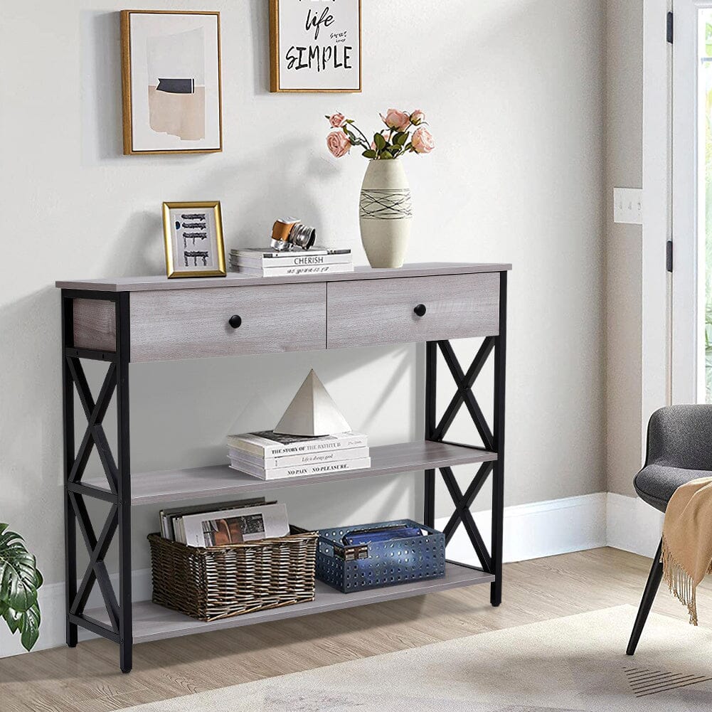 100 cm W Rustic Grey Narrow Wooden Console Table with Drawers Console Tables Living and Home 