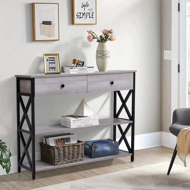 100 cm W Rustic Grey Narrow Wooden Console Table with Drawers Console Tables Living and Home 