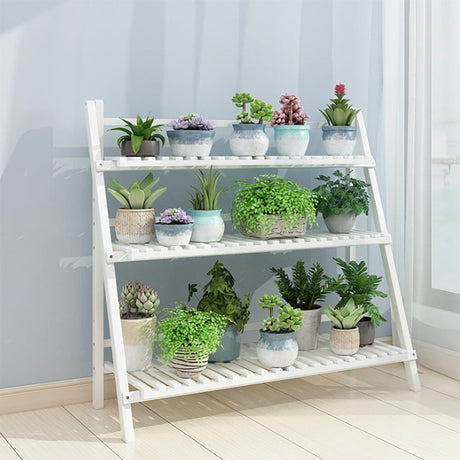 3-Tier Foldable Plant Stand Wooden Ladder Shelf Natural/White Living and Home White 