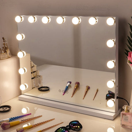 White Rectangle Tabletop Hollywood LED Vanity Mirror-58x48cm LED Make Up Mirrors Living and Home 