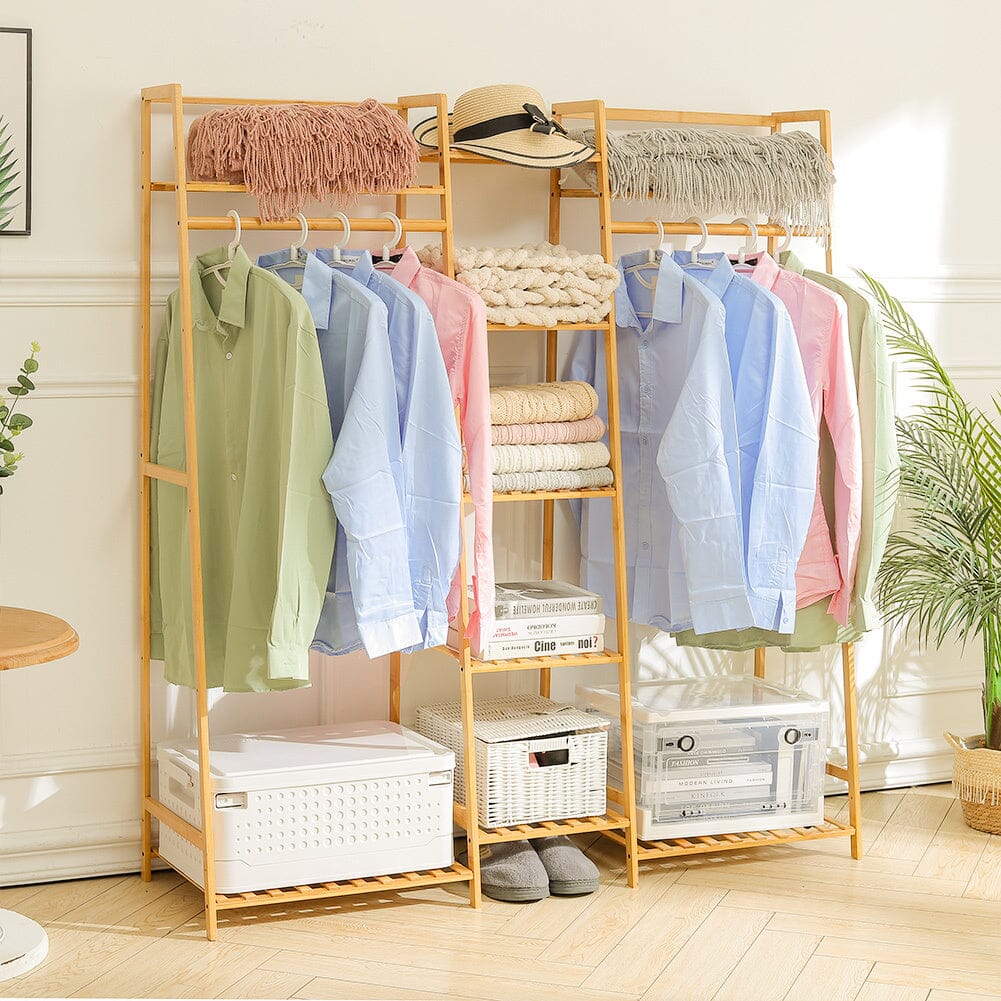 Bamboo Trapezoid Clothing Rack with 5-Tier Storage Shelves Multi-Functional Clothes Hanging Rack Stand Living and Home 