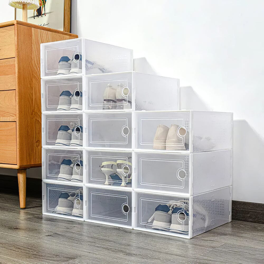 12 Pack White Foldable Plastic Shoe Storage Boxes Living and Home 