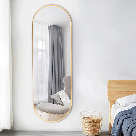 Sleek Contemporary Oval Metal Wall Mirror - Full-Length Design Wall Mirrors Living and Home Gold 50cm W x 150cm H 