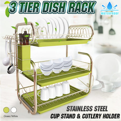 3-Tier Dish Drainer Storage Stand Bowl Plate Dryer Tray Kitchen Shelves Living and Home 