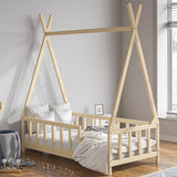 Wood House Bed Frame Low Platform Kids Bed with Safety Fence Bed Frames Living and Home 