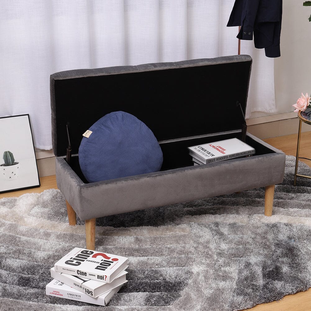 100cm Grey Velvet Upholstered Storage Bench Storage Footstools & Benches Living and Home 