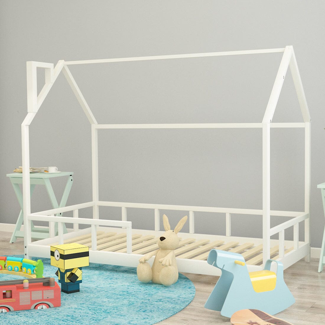 House Shape Bed Frame Pine Wood Toddler Bed with Safety Guard Fence Bed Frames Living and Home 