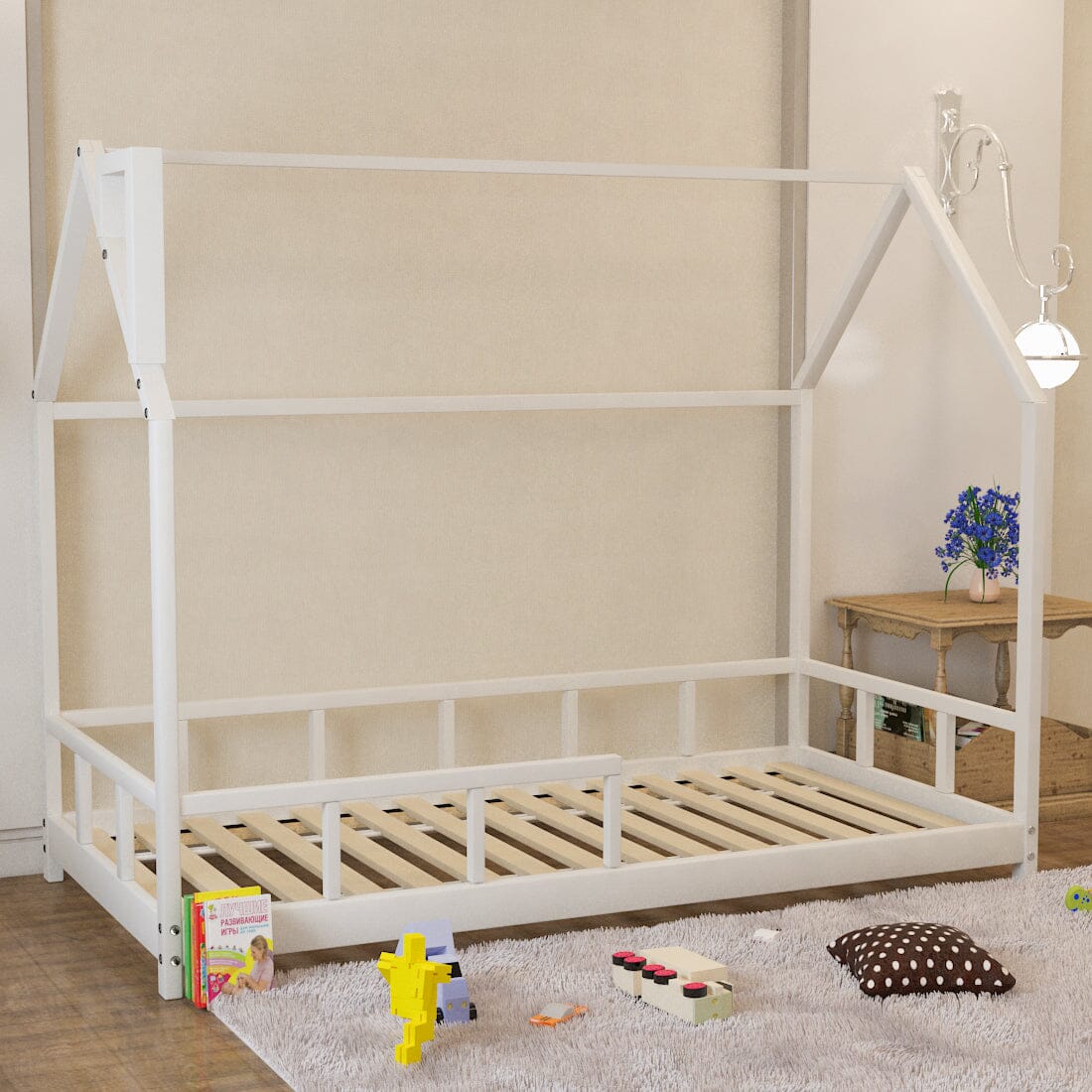 House Shape Bed Frame Pine Wood Toddler Bed with Safety Guard Fence Bed Frames Living and Home 