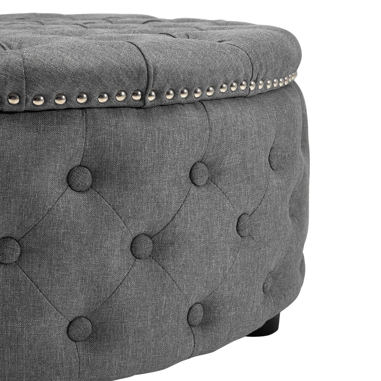 Dia 75cm Linen Tufted Round Cocktail Ottoman with Solid Wood Footstools Living and Home 