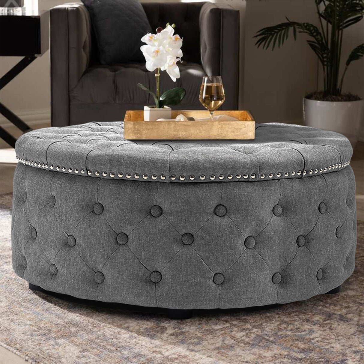 Dia 75cm Linen Tufted Round Cocktail Ottoman with Solid Wood Footstools Living and Home 