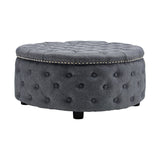 Dia 75cm Linen Tufted Round Cocktail Ottoman with Solid Wood Footstools Living and Home 