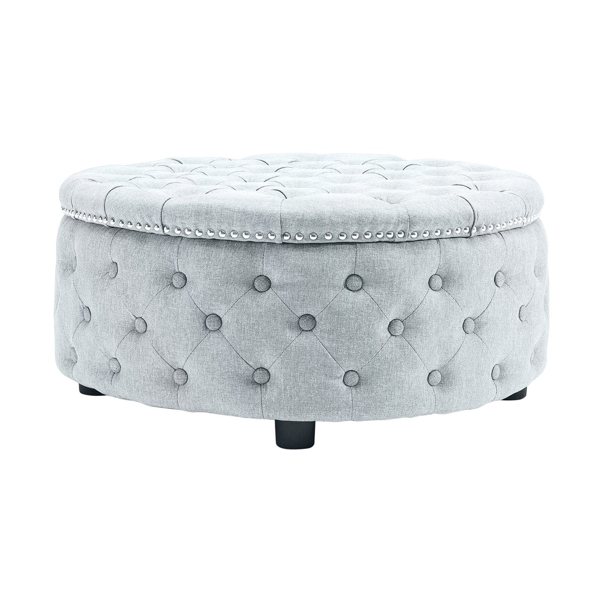 Dia 75cm Linen Tufted Round Cocktail Ottoman with Solid Wood Footstools Living and Home 