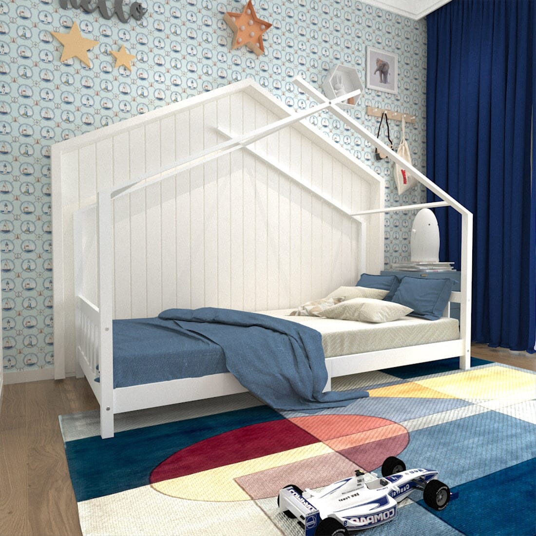 Nordic Style Pine Wood Bed Frame Toddler Kid Single Bed with Roof Bed Frames Living and Home 