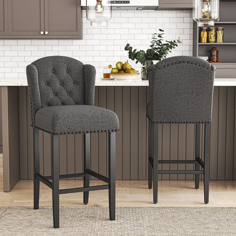 2 Pcs Linen Thick Padded Bar Stools Mid-Century Wooden Dining Stools Bar Stools Living and Home Dark Grey 