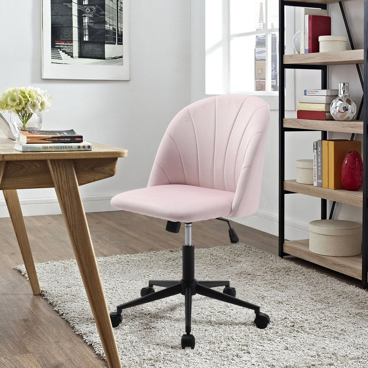 Pink Velvet Adjustable Office Chair with Rolling Wheels Living and Home 